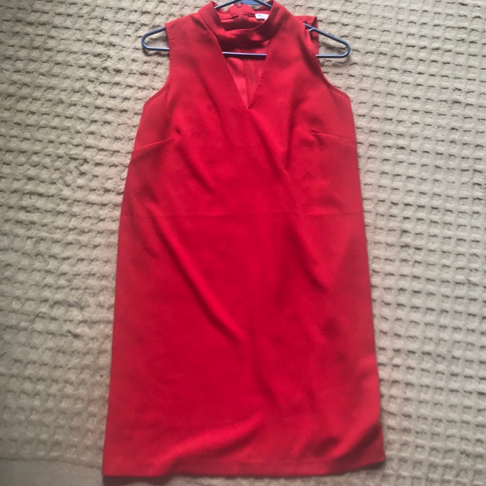 Red halter, open neck dress